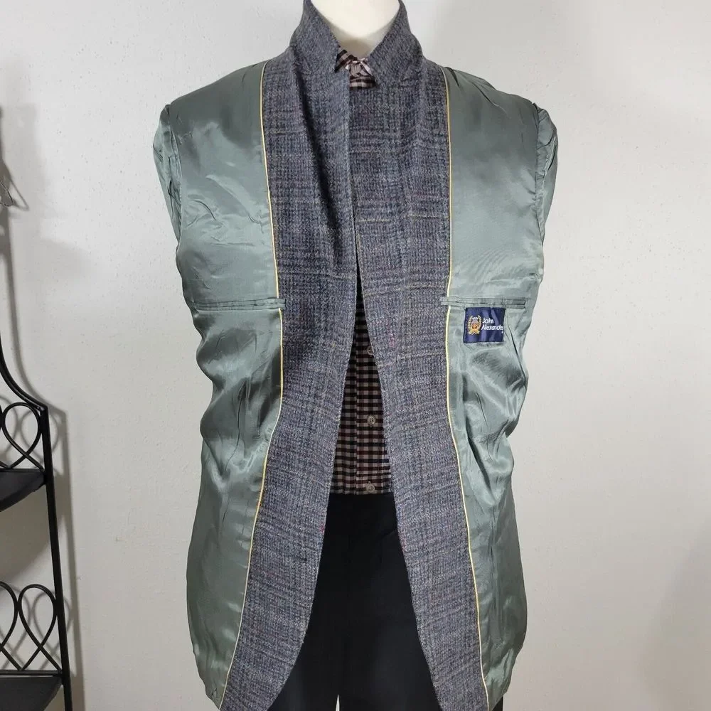 VTG John Alexander Men's Tweed Sport Coat Blazer‎ Two Button Plaid Gray Sz 44R